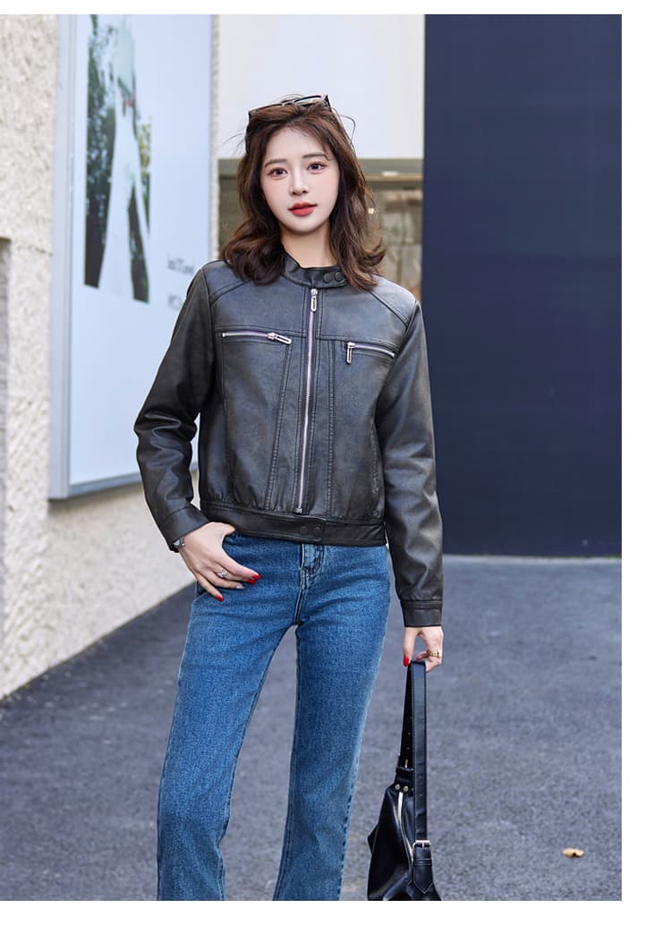 【女性向け】レザージャケット専門店 シンプルデザイン スタンドカラーブルゾン