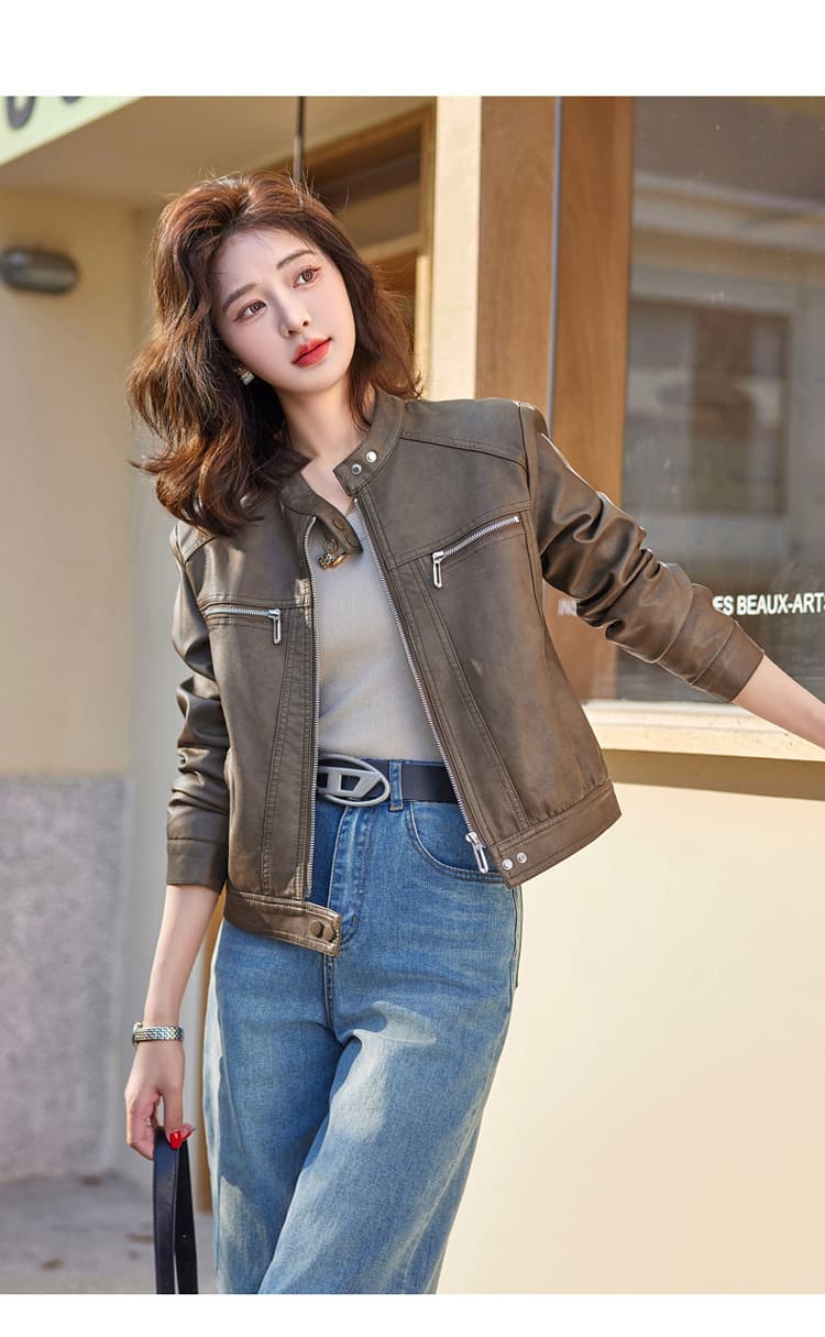 【女性向け】レザージャケット専門店 シンプルデザイン スタンドカラーブルゾン