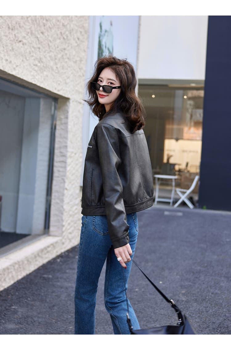 【女性向け】レザージャケット専門店 シンプルデザイン スタンドカラーブルゾン