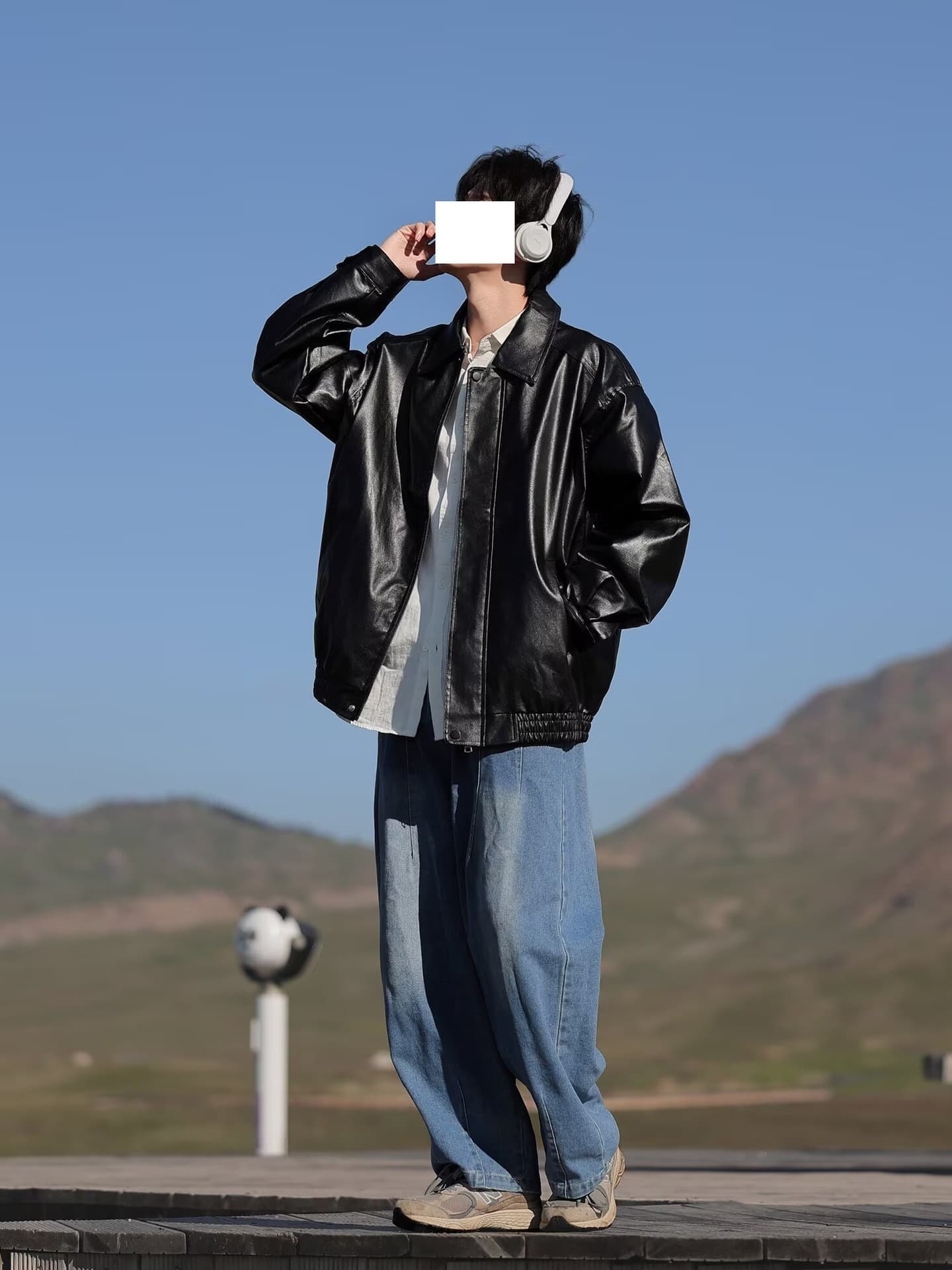 レザージャケット ゆったりシルエット開襟デザインライダースジャケット