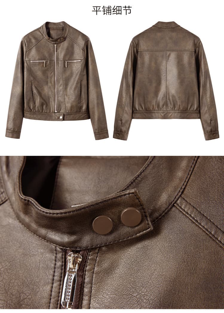 【女性向け】レザージャケット専門店 シンプルデザイン スタンドカラーブルゾン