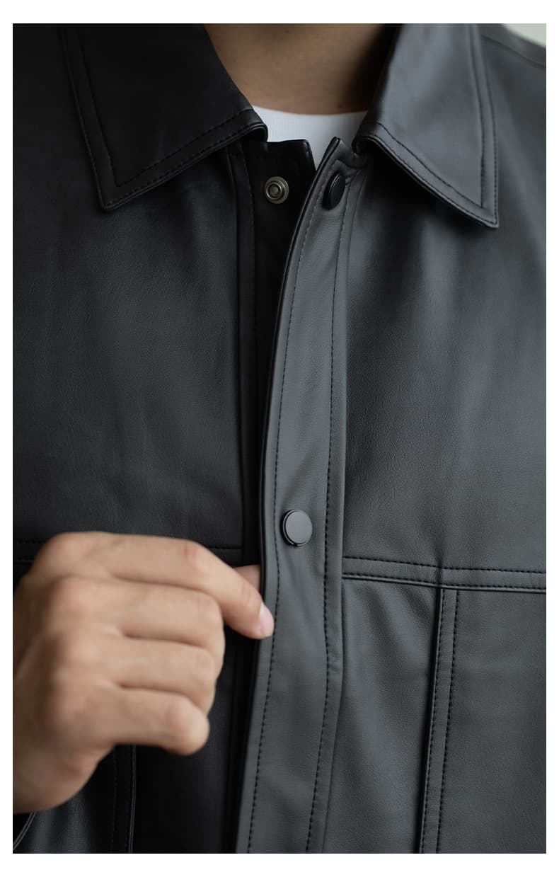 レザージャケット シャツ襟デザインシングルボタンライダースジャケット