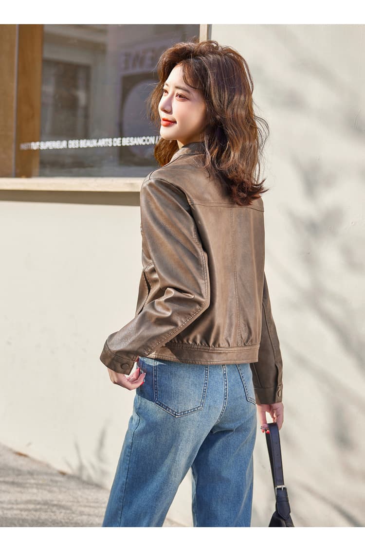 【女性向け】レザージャケット専門店 シンプルデザイン スタンドカラーブルゾン