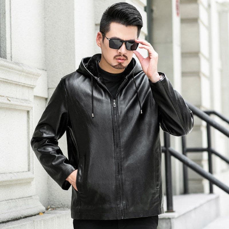 大人男性向け本革フード付きレザージャケット ライダースジャケット